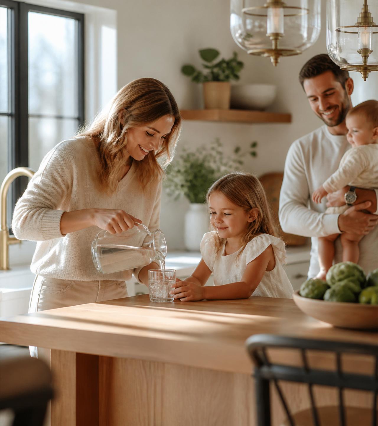 Michigan family enjoying clean drinking water in a bright modern kitchen